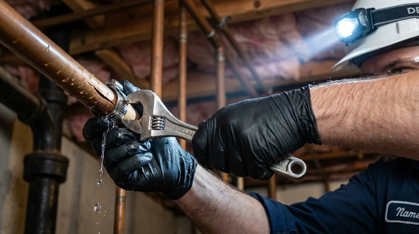 Emergency pipe clamp repair being performed by a Johns Plumbing LLC plumber in Littleton