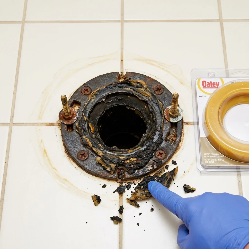 Failed wax ring showing water seepage at the base of a toilet in a Littleton, NH home