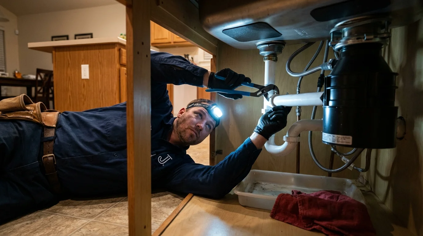 P-trap and supply line connections under a kitchen sink showing a common leak point in Littleton, NH